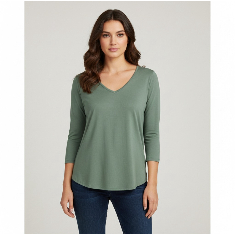 Tahari Women’s Modal Sage Green 3/4 Sleeve Soft Casual Blouse V-Neck Tee XS